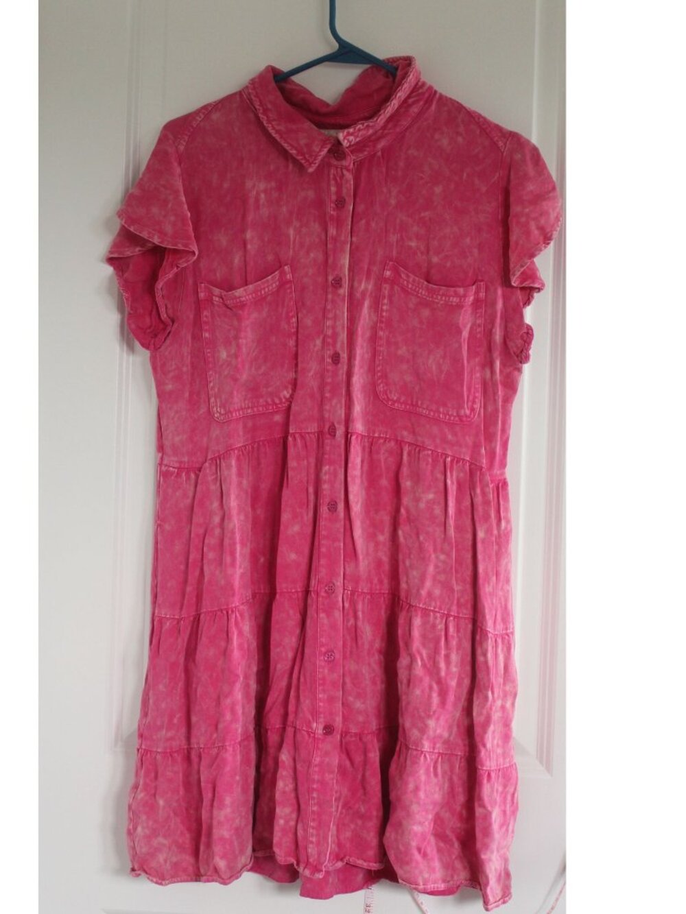 Jodifl Pink Tie die Style Baby Doll Mini Shirt Dress Button Down Sz L NWOT